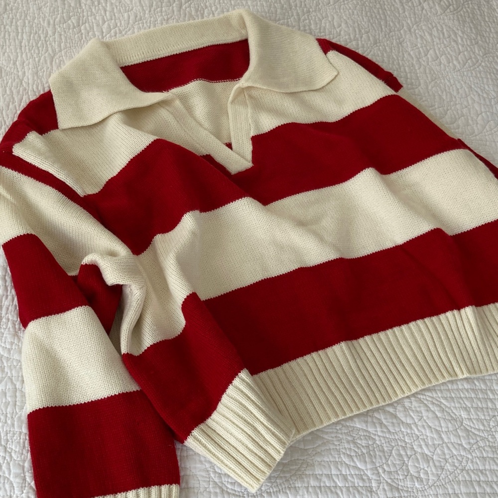 Cider Red and Cream Striped V‑Neck Boxy Sweater, 0XL